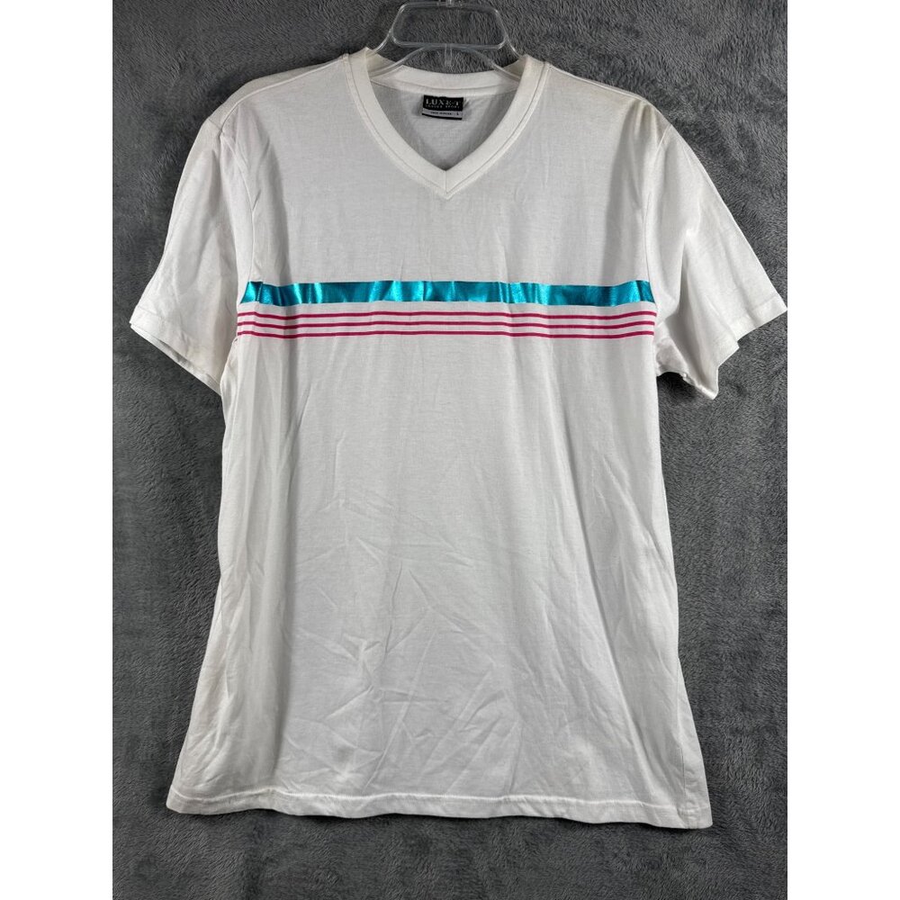 Luxe-T Shirt V-Neck T-Shirt With Blue & Pink Stripe Design Mens Size L Cotton